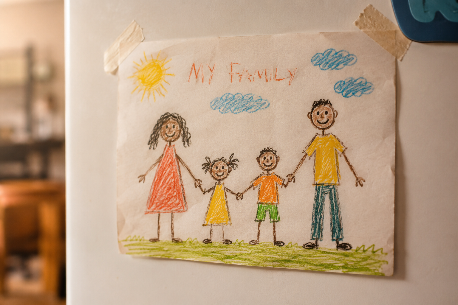 A child's crayon drawing of a family, taped to the wall